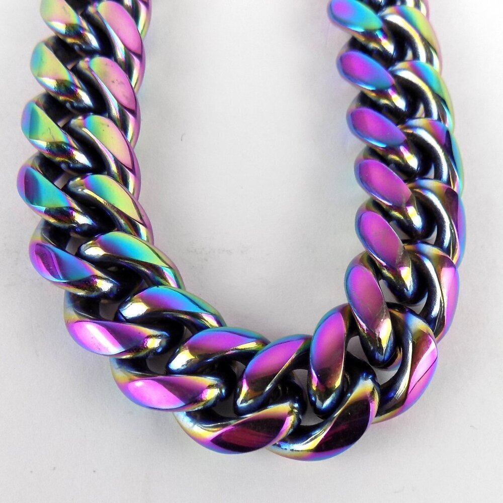 Chunky Miami Iridescent Rainbow Cuban Chain Necklace 32" Stainless Steel Heavy